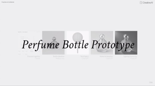 Slide "Perfume Bottle Prototype": title over five-step Claude, Midjourney, ChatGPT workflow images