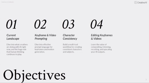 Slide "Objectives": "Current Landscape", "Keyframe & Video Prompting", "Character Consistency", "Editing Keyframes & Videos"