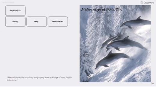 Midjourney example: dolphins diving down snowy ski slope, prompt keyword tags