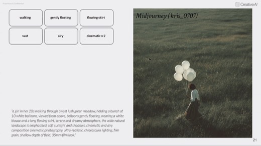 Midjourney example: girl with white balloons in meadow, cinematic prompt keywords