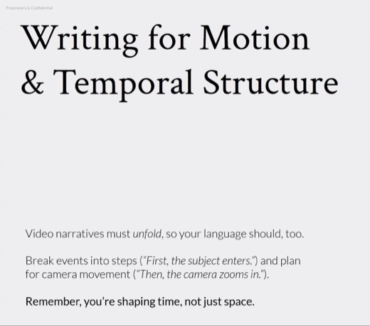 Slide "Writing for Motion & Temporal Structure": break events into steps, flower photo