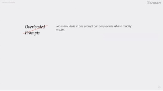 Pitfall slide "Overloaded Prompts" crossed out: too many ideas confuse the AI