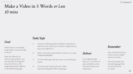 Slide 49 "Make a Video in 5 Words or Less" exercise: Goal, Tools/Info, Deliver, Remember