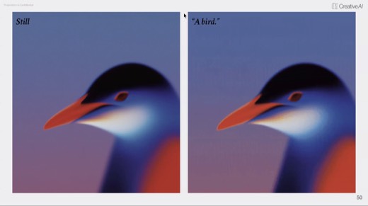 Slide 50 comparing "Still" bird image with "A bird." prompted video frame side by side
