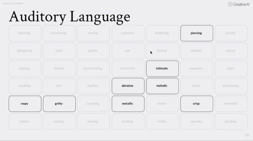 Slide 65 "Auditory Language" word grid; piercing, intimate, abrasive, melodic, raspy, gritty, metallic, crisp highlighted