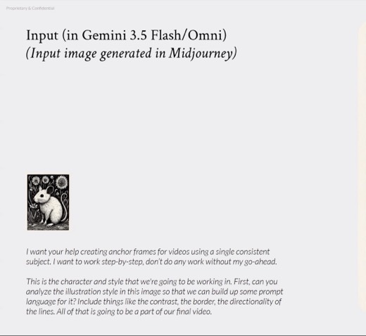 Slide 81 "Input (in Gemini 3.5 Flash/Omni)", Midjourney woodcut mouse image, anchor-frame prompt