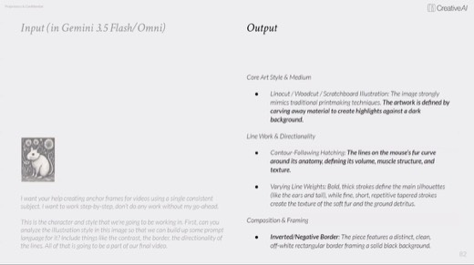 Slide 82 "Input (in Gemini 3.5 Flash/Omni)" / "Output": linocut/woodcut style analysis bullets