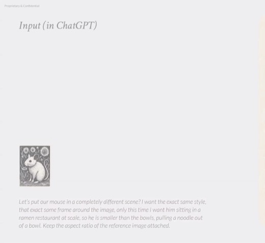 Slide 91 "Input (in ChatGPT)" output: woodcut mouse pulling noodle from steaming ramen bowl