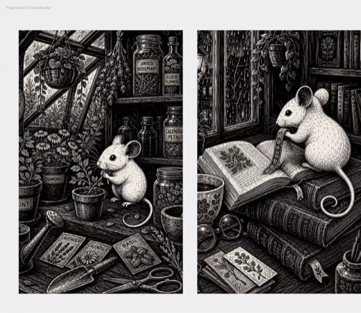 Slide 92: three woodcut Baxter scenes, greenhouse, reading books, tailor shop with thread