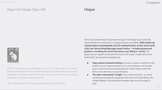 Slide 96 Claude "Output" caveat: style persistence drift, keep camera movement minimal, fragile border