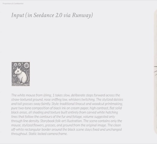Slide 100 "Input (in Seedance 2.0 via Runway)" output video frame, mouse among daisies
