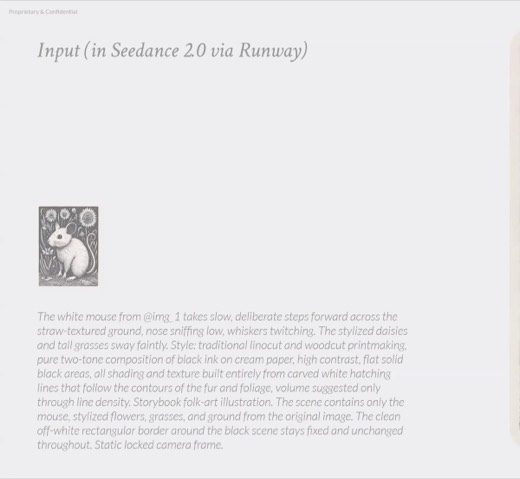 Slide 100 Seedance/Runway video frame, mouse in profile facing left