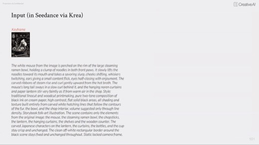 Slide 101 "Input (in Seedance via Krea)": full keyframe prompt, mouse slurping noodles in ramen shop