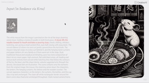 "Input (in Seedance via Krea)" slide, woodcut mouse slurping ramen noodles, detailed prompt text