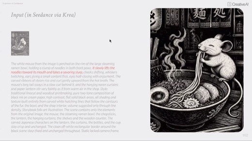"Input (in Seedance via Krea)" slide, same mouse ramen video frame, noodle-lift phrase highlighted red