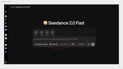 Slide of Krea "Seedance 2.0 Fast" UI, "Start frame" and "End frame" buttons circled red