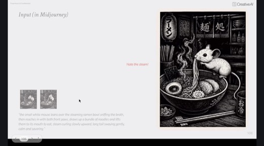 "Input (in Midjourney)" slide, video frame, mouse lifting long noodle strands upward