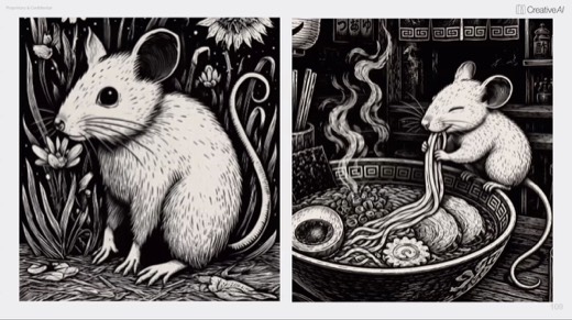 Full-screen two-up: woodcut mouse in flowers beside mouse slurping ramen, Midjourney video frames