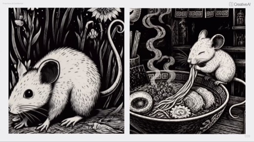 Two-up video frames, garden mouse head lowered, ramen mouse slurping strands
