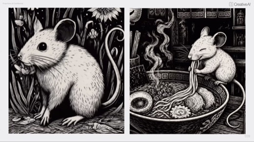 Two-up video frames, garden mouse grooming paw, ramen mouse pulling noodles