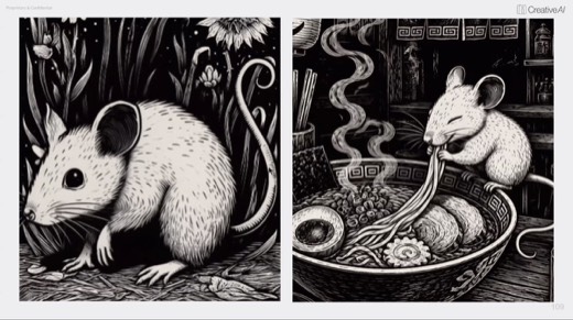 Two-up video frames, garden mouse crouched low, ramen mouse eating over steaming bowl