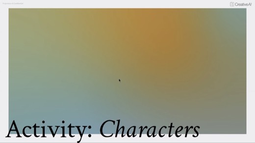 Section divider slide "Activity: Characters" on warm gradient background