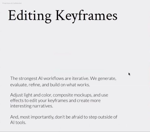 "Editing Keyframes" slide, iterative workflows text, woman with daisies composite image