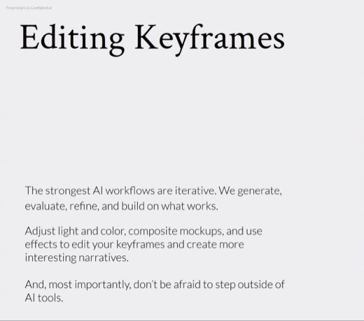 "Editing Keyframes" slide again, adjust light, composite mockups, step outside AI tools