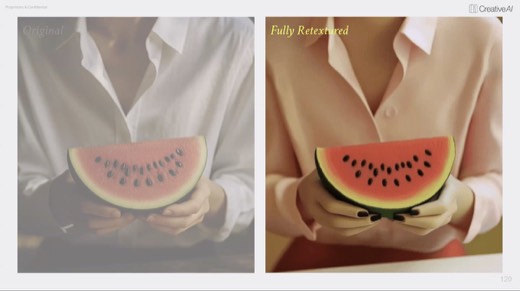 "Original" vs "Fully Retextured" watermelon comparison, original dimmed, retextured version highlighted