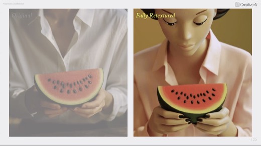 "Fully Retextured" result: stylized 3D-doll woman holding watermelon beside dimmed original photo