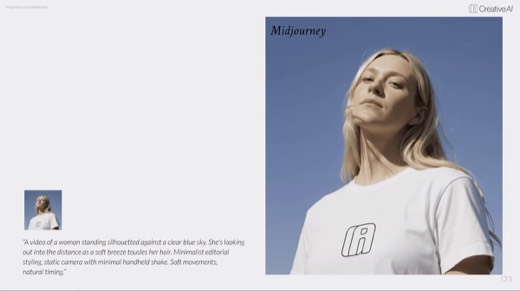 "Midjourney" slide, video result of woman in logo t-shirt against blue sky, prompt text