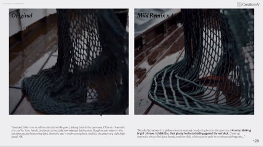 "Original" vs "Mild Remix x 4" fisherman, fishing net and red stiletto detail frames