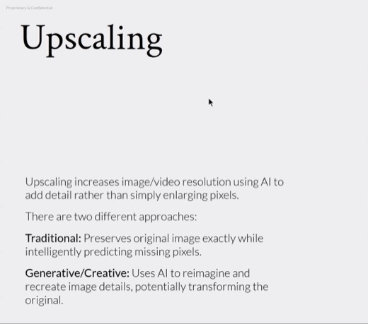 "Upscaling" slide, traditional vs generative/creative upscaling approaches, abstract blue-red image