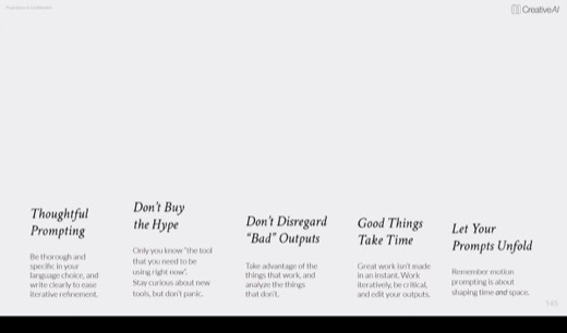 Full takeaways slide: "Thoughtful Prompting", "Don't Buy the Hype", "Don't Disregard "Bad" Outputs", "Good Things Take Time", "Let Your Prompts...