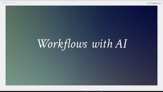 A title slide reading "Workflows with AI" on a blue-green gradient background.