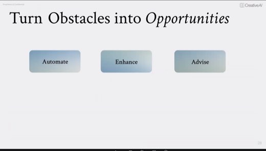 A slide titled "Turn Obstacles into Opportunities" showing three empty category cards labeled Automate, Enhance, and Advise.