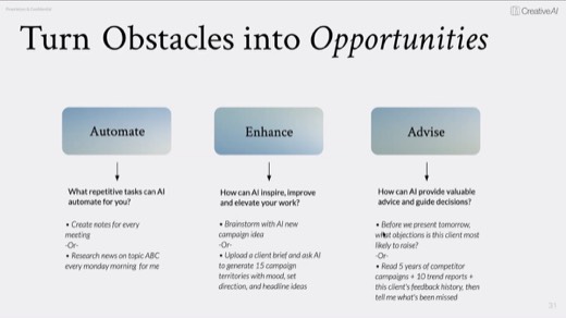 Slide titled "Turn Obstacles into Opportunities" with three columns, Automate, Enhance, and Advise, each listing example AI prompts for that use.
