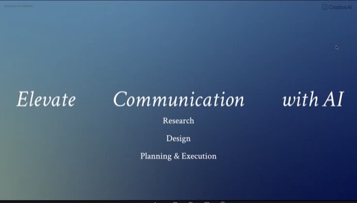 Title slide reading "Elevate Communication with AI" listing Research, Design, and Planning & Execution on a blue gradient background.
