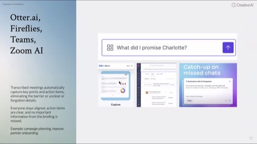 A slide comparing meeting-transcription AI tools Otter.ai, Fireflies, Teams, and Zoom AI, showing a search bar asking "What did I promise Charlotte?" alongside app...