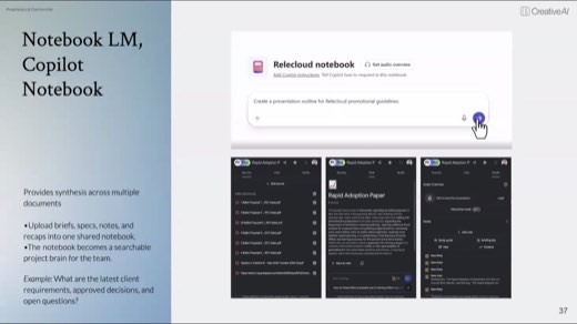 A slide titled "Notebook LM, Copilot Notebook" showing a Copilot notebook interface next to NotebookLM screens for a rapid adoption research paper.