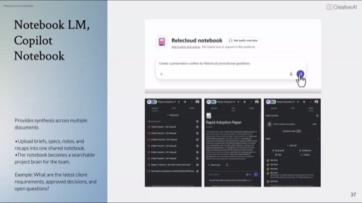 Slide titled "Notebook LM, Copilot Notebook" showing a Copilot notebook interface alongside three NotebookLM screenshots with source, chat, and audio overview panels.