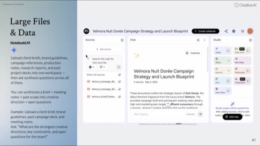 Slide titled "Large Files & Data" showing a NotebookLM workspace called "Velmora Nuit Doree Campaign Strategy and Launch Blueprint" with sources, chat, and studio panels.