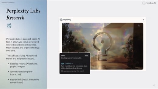 A slide titled "Perplexity Labs, Research" describing project-based AI research with a screenshot of the Perplexity Labs interface and its Pro features.