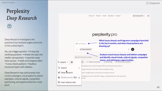 Slide titled "Perplexity Deep Research" showing the Perplexity Pro interface with a search bar and a Deep Research option menu open.