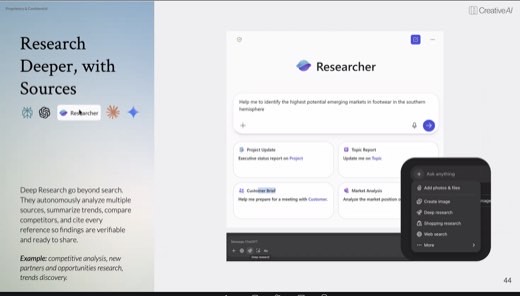 A slide titled "Research Deeper, with Sources" comparing deep research tools, showing a ChatGPT Researcher interface with footwear market research prompts.