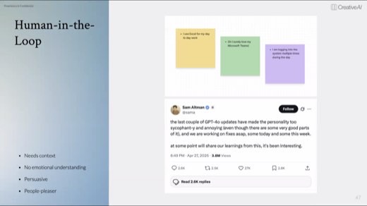 Slide titled "Human-in-the-Loop" showing three sticky notes about workplace software habits above an embedded tweet from Sam Altman about GPT-4o's sycophantic...