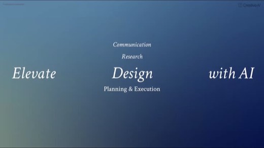 A title slide reading "Elevate Design with AI" listing Communication, Research, Planning & Execution on a dark blue gradient background.
