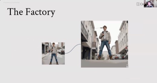 The Factory (cont.): different generated video frame, boy standing in street
