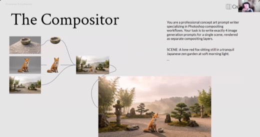 Slide: "The Compositor": fox in zen garden broken into 4 separate compositing-layer prompts, with full GPT prompt text shown