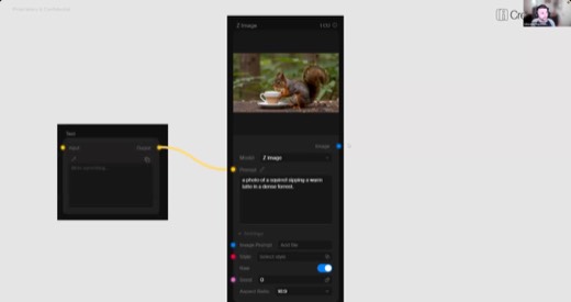 Krea node canvas: Text node wired into Z Image node (prompt input demo)